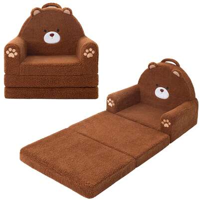 Kids Couch, 2-In-1 Convertible Soft Sherpa Fabric, Toddler Chairs Comfy 1-5 Years Old, Cartoon Animal & Crown Design, Toddler Furniture For Bedroom And Playroom, Bear, Medium