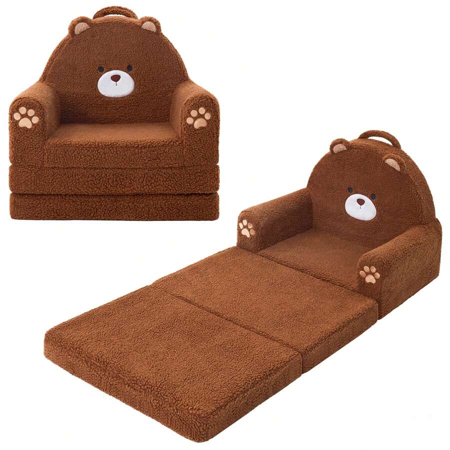 Kids Couch, 2-In-1 Convertible Soft Sherpa Fabric, Toddler Chairs Comfy 1-5 Years Old, Cartoon Animal & Crown Design, Toddler Furniture For Bedroom And Playroom, Bear, Medium - 棕熊三折 - 查看 1