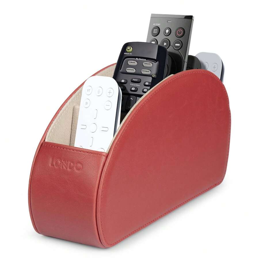 Remote Control Holder With 5 Pockets - Store DVD, Blu-Ray, TV, Roku Or Apple TV Remotes - PU Leather With Suede Lining - Slim, Compact Living Or Bedroom Storage - 紅色 - 查看 1