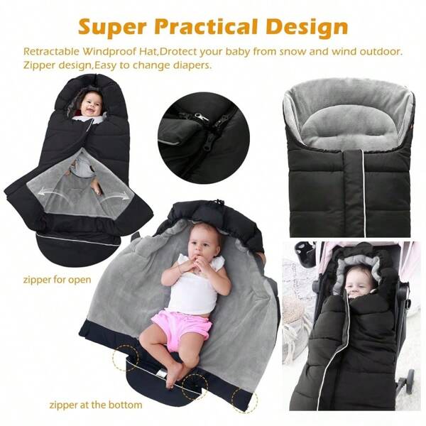 1pc Universal Baby Stroller Sleeping Bag, Winter Windproof Warm Stroller Foot Muff With Hood, Suitable For Stroller, Crib, Car Seat