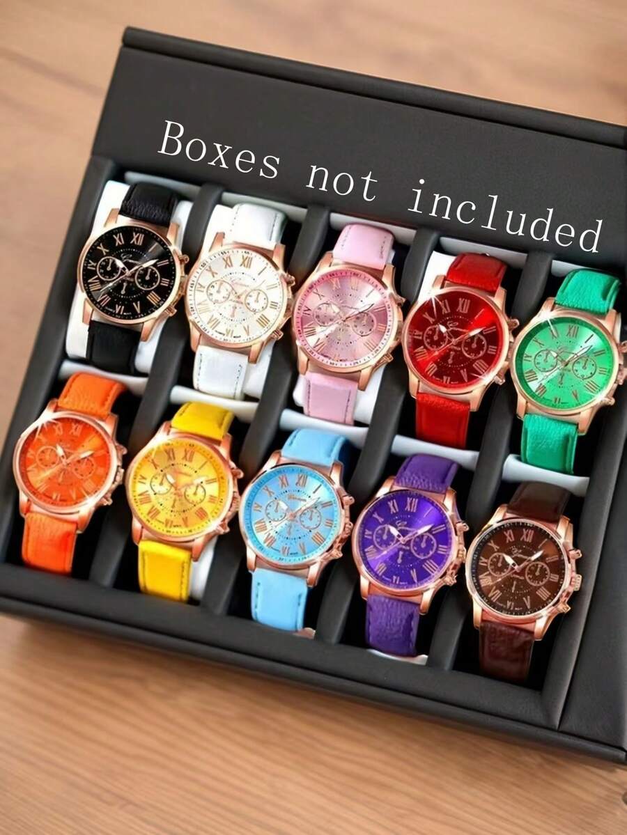 Bộ 10 chiếc đồng hồ nữ dây da PU nhiều màu sắc, kiểu dáng thời trang thường ngày, số La Mã, máy quartz, thích hợp đeo hàng ngày hoặc làm quà tặng ngày lễ. - Hoa hồng vàng - Xem 1