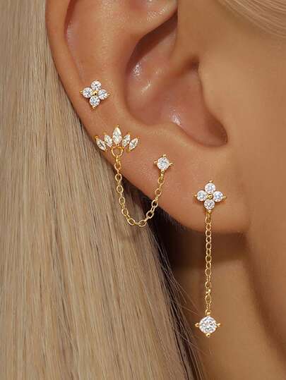 3PCS Stainless Steel Crown Chain Tassel Zirconia Hoop Earrings Flower Ear Stud Set For Women 18K Gold Plated Unique Earrings Cartilage Piercing Jewelry