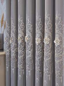 1 件奢华双层刺绣遮光窗帘，带 3D 浮雕花朵薄纱面料，现成，适用于客厅和卧室、窗户 - 灰色 - 查看 8