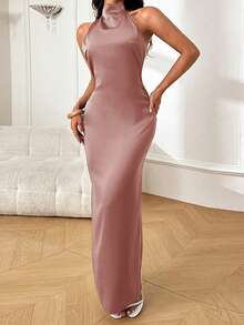 Vestido de verano WOWDARK, vestido elegante de satén rosa con escote halter y espalda descubierta para mujeres, adecuado para el Día de San Valentín, citas, reuniones, fiestas, viajes, vacaciones, playa - Rosa vieja - Ver 3