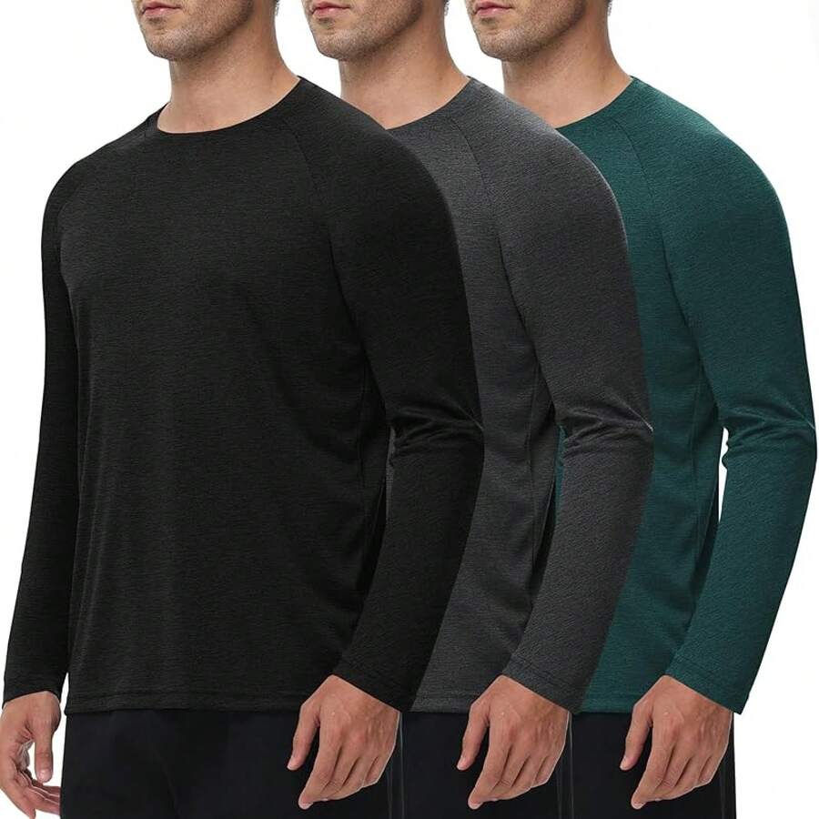 3 Pack Long Sleeve Shirts For Men - Quick Dry Moisture Wicking UV UPF Sun Protection T-Shirts For Casual Workout Fishing - 5-màu đen, xám đậm, xanh lá đậm - Xem 1
