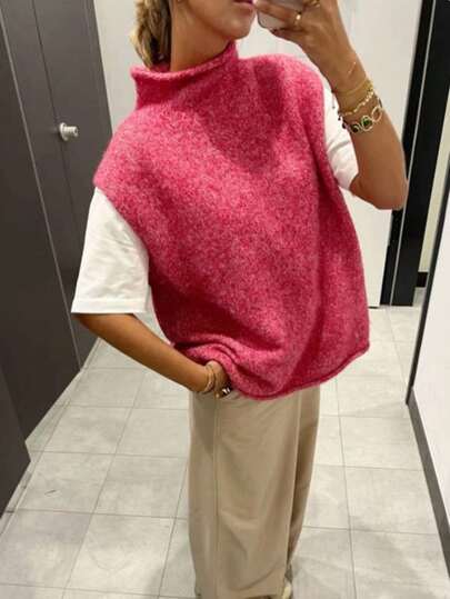 Women's Sleeveless Turtleneck Random Floral Pattern Knit Vest, Versatile For Daily Wear, Travel, Back To School, Party, Airport, Country Music Festival, Birthday Party, Christmas, New Year