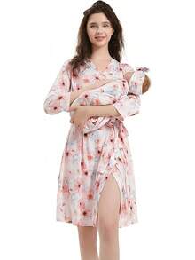 Maternity Robe And Baby Receiving Blanket Set For Labor And Delivery - Hồng Xanh - Xem 1