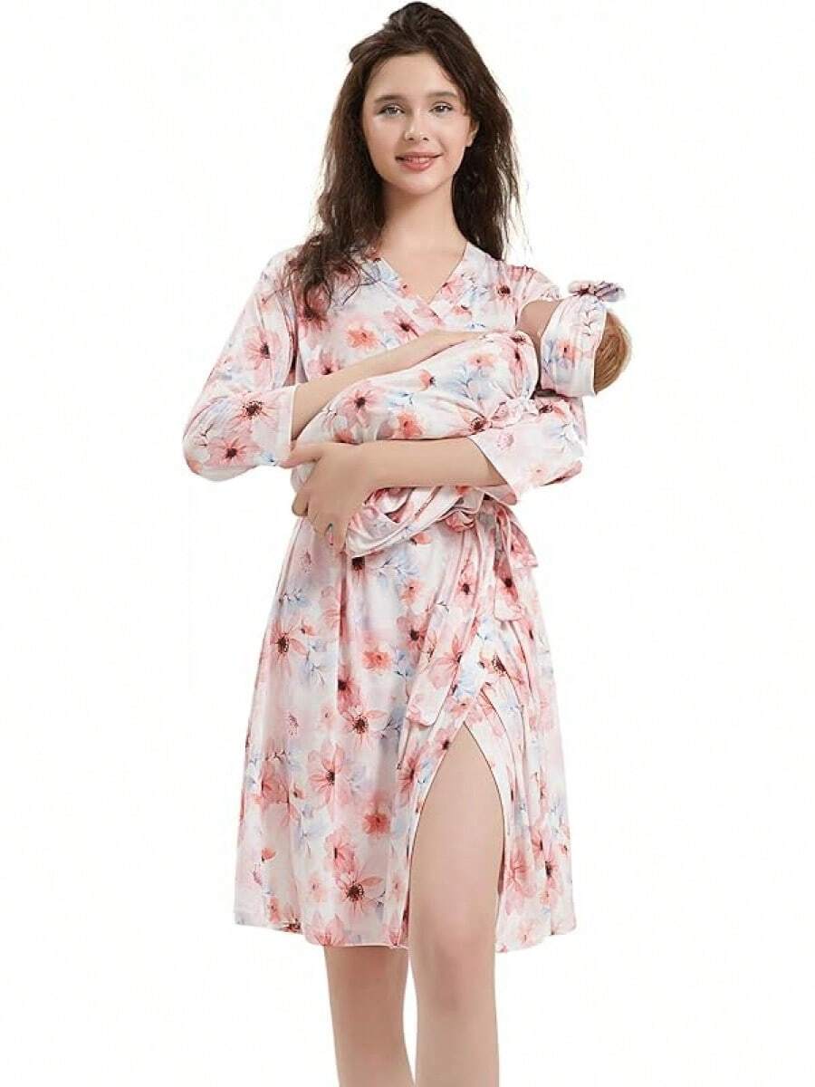 Maternity Robe And Baby Receiving Blanket Set For Labor And Delivery - Hồng Xanh - Xem 1