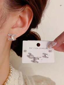 3对/套 优雅奢华925纯银仿珍珠字母CC耳钉，时尚女神个性化珠宝，适合日常佩戴，浪漫礼物 - 銀色 - 查看 2