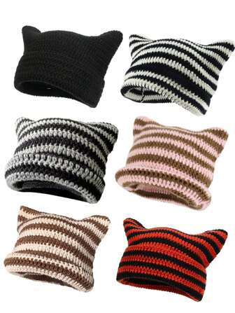 1入組女性手工製作條紋圖案針織帽,可愛貓耳設計帶尖頭風格,韓語時尚Y2K街適用於秋冬