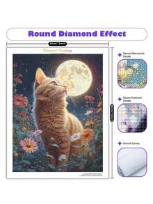 Kit de peinture de diamant 5D chat sous la lune, décoration d'intérieur en diamant rond complet, cadeau fait main