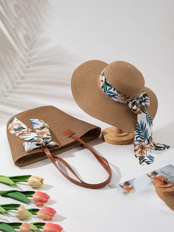 1 Set de Sombrero de Paja y Bolso de Playa de Paja, Bolso Tote Versátil de Moda con Protección Solar para Vacaciones en la Playa