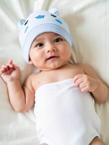 3/6件装 可爱卡通熊耳新生儿帽子 柔软男女宝宝帽子 针织帽 纯色婴儿帽 新生儿摄影帽 0-3个月 - 彩色 - 查看 2