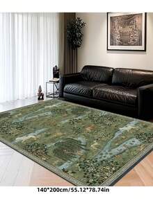1pc Plush Luxurious Soft Green Hand-Painted Plant Modern Style Area Rug, Non-Slip Washable, Velvet Surface, Perfect For Living Room, Bedroom, Hallway - Elegant Garden Design, Baroque Pattern Indoor Mat | Non-Slip Backing, Living Room Carpet - Cadet Blue - View 8