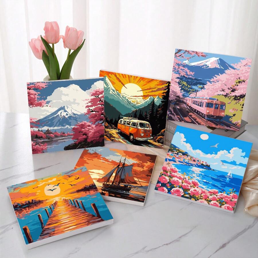 1 Set Number Painting Kit For Adult Beginner,Waves,Sunset Landscape Series Design With Wooden Frame,Acrylic Paint,Brush,Hooks For Home Wall Hanging Decoration