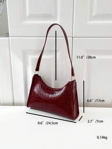 Bolsa de ombro feminina com estampa geométrica em relevo, cor sólida, com zíper e abertura sob o braço. Bolsa de ombro com relevo, bolsa retrô moderna com zíper, bolsa casual impermeável, ideal para jovens, mulheres, estudantes universitárias, profissionais em início de carreira e executivas. Perfeita para o escritório, trabalho, negócios, deslocamentos diários e outras ocasiões. Uma excelente opção de bolsa para o trabalho. - Borgonha - Ver 2