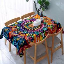 1pc Bohemian Mandala Tablecloth - Vibrant Multicolor Rectangular Polyester Fabric, Suitable For Restaurant, Kitchen, Picnic Decor And Gifts, Durable Woven Decorative Tablecloth, Kitchen Dining Table Accessory, Woven Textile - Multicolor - View 4