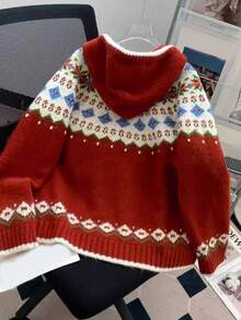 JIANHU 节日风连帽开衫，带有节日花卉和条纹针织图案，非常适合圣诞节和冬季庆祝活动 - 紅色 - 查看 6