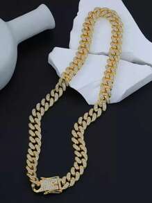 1pc European & American Street Hip Hop Style Fully Rhinestone Chain Necklace, Golden Color, Fashionable Hiphop Jewelry For Men & Women, Choker, Multiple Sizes Available