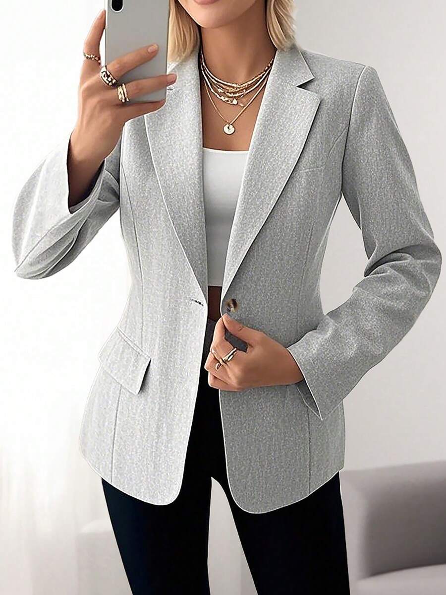 HOMEYEE Plus Size Blazer Jacket With Vintage Patchwork, Elegant Casual Vacation Business Professional - 灰色 - 查看 1