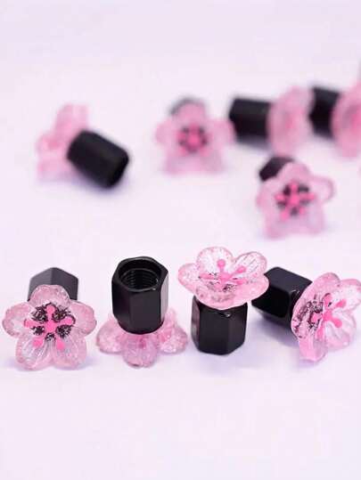 4pcs Pink Glitter Flower & Yellow Flower Tire Valve Stem Caps - Metal Material, Fit For Car, Bicycle, Motorcycle - Shiny Petal Design, Black Center - Fun Gift For Friends And Family, Tire Accessories, Car Decor, Playful Style, High-Quality Craftsmanship, Vehicle Decoration
