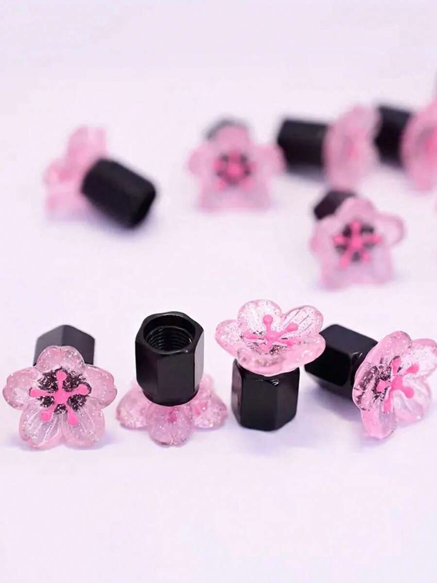 4 Stücke rosa glitzernde Blumen & gelbe Blumen Reifenventilkappen - Metallmaterial, passend für Auto, Fahrrad, Motorrad - glänzendes Blütenblatt Design, schwarze Mitte - lustiges Geschenk für Freunde und Familie, Reifen Zubehör, Auto Dekoration, verspielter Stil, hochwertige Verarbeitung, Fahrzeugdekoration - Verschiedenfarbig - Übersicht 1