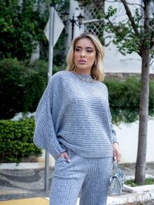 Women's Winter Set In Gray Mousse Ribbed Knit Oversize Top And Pants | Fits 36 To 44 Textured Pattern Wool-Like Fabric Pocket Drawstring Women's Daily Fall/Winter Clothing - Grey - View 2