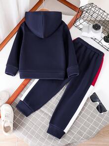 2pcs/Set Young Boy Patchwork Hoodie Sweatshirt And Pants, Warm - Royal Blue - View 2