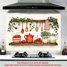 1pc Watercolor Kitchen Sticker, 2D Flat Design, Oil-Resistant PVC, Red Teapot And Cherry Pattern With Wooden Spoon, Natural Country Style Home Decor, Suitable For Kitchen And Dining Room, Kitchen Wall Decoration