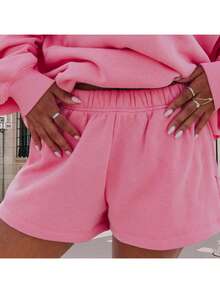 Women Athletic Shorts Loose Fit Solid Color Drawstring Sweatshorts For Yoga Running - 玫紅色 - 查看 3