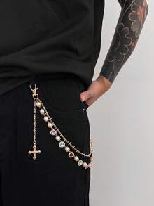 1 pieza Cadena de cintura con decoración de flor de perla falsa y cristal, accesorio de cadena corporal unisex de moda, adecuado para Halloween, escuela, otoño/invierno, casual, al aire libre, deportes, vacaciones, regalo de graduación, cumpleaños, uso diario