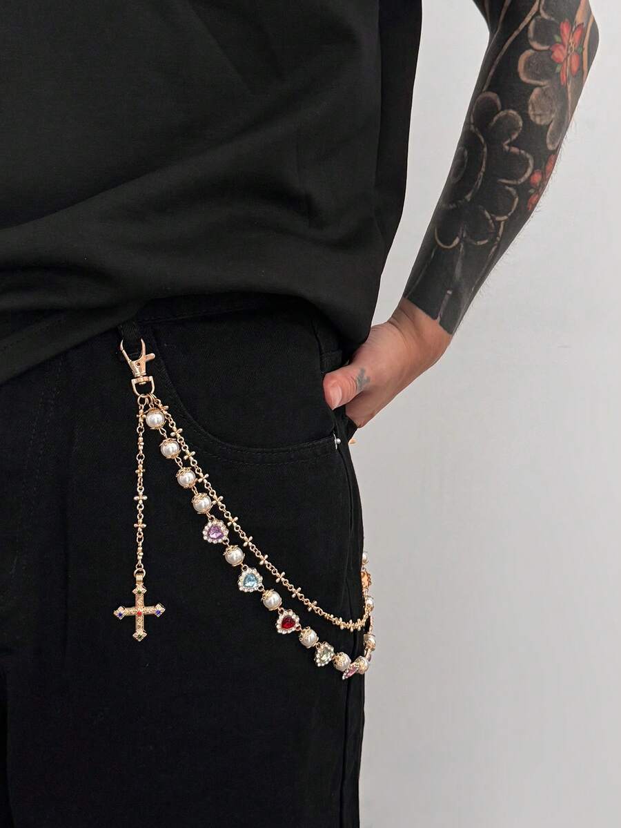 1 pieza Cadena de cintura con decoración de flor de perla falsa y cristal, accesorio de cadena corporal unisex de moda, adecuado para Halloween, escuela, otoño/invierno, casual, al aire libre, deportes, vacaciones, regalo de graduación, cumpleaños, uso diario