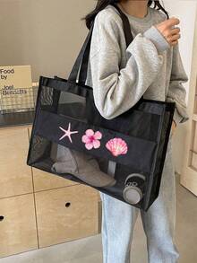 Sac en maille à motif de lettres de plage, sac fourre-tout en maille grande capacité, cadeau pour la fête des mères, sac de toilette portable en maille, sac fourre-tout en maille d'atmosphère maritime, grand sac de courses, à utiliser pour vous-même ou à offrir en cadeau à des amis, à votre mère, à des enseignants, grand sac fourre-tout - Multicolore - Voir 11