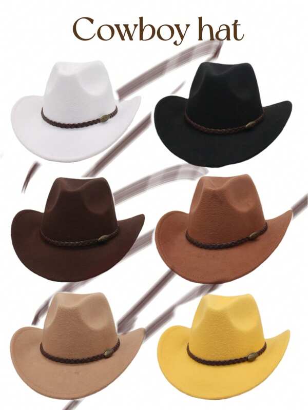 1 pieza Sombrero de vaquero occidental, sombrero de vaquero decorado con cinturón de cuero, sombrero de jazz personalizado unisex, sombrero de fieltro de lana retro, sombrero de escenario para mujer, sombrero de boda nupcial, sombrero de ala rizada de jazz, disponible en múltiples colores