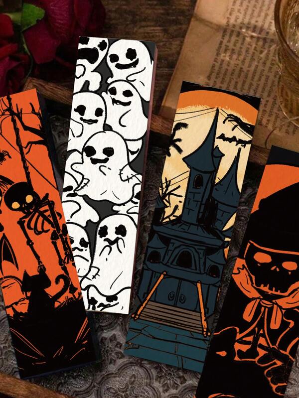 30PCS Cartoon Halloween Bookmarks Horror Funny Ghost Werewolf Doll Skull Spider Vampire Castle Creative Reading Paper Book Page Marking Card Bookmark Homecoming Season Practical Gift Stationery
