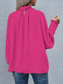 Women's Elegant Solid Color Ruffle Trim Lantern Sleeve Loose Blouse, Suitable For Daily, Office, Commuting Wear - Rose Red - View 2