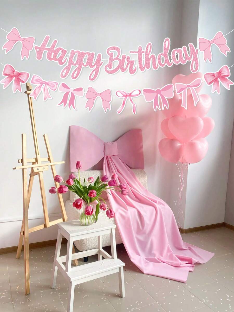 1 Set Pink Bow Sparkly "Happy Birthday" Banner, Decoration For Girls Party Background,Happy Birthday Bows Garland Banner, Glitter Pink Happy Birthday Bow Decorations For Girls, Pink Birthday Party Supplies,1st Birthday Party Banners, Bridal Shower Party Decorations, Room Home Bedroom Living Room Wedding Outdoor Decor,