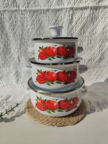 3pcs Enamel Cookware Set, Thick Double-Ear Enamel Cooking Pot, Multi-Purpose For Gas & Induction Cooktop, Includes Soup Pot With Lid, Enamel Stew Pot, Enamel Bowl