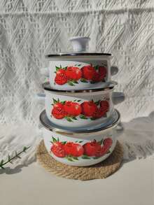 3pcs Enamel Cookware Set, Thick Double-Ear Enamel Cooking Pot, Multi-Purpose For Gas & Induction Cooktop, Includes Soup Pot With Lid, Enamel Stew Pot, Enamel Bowl