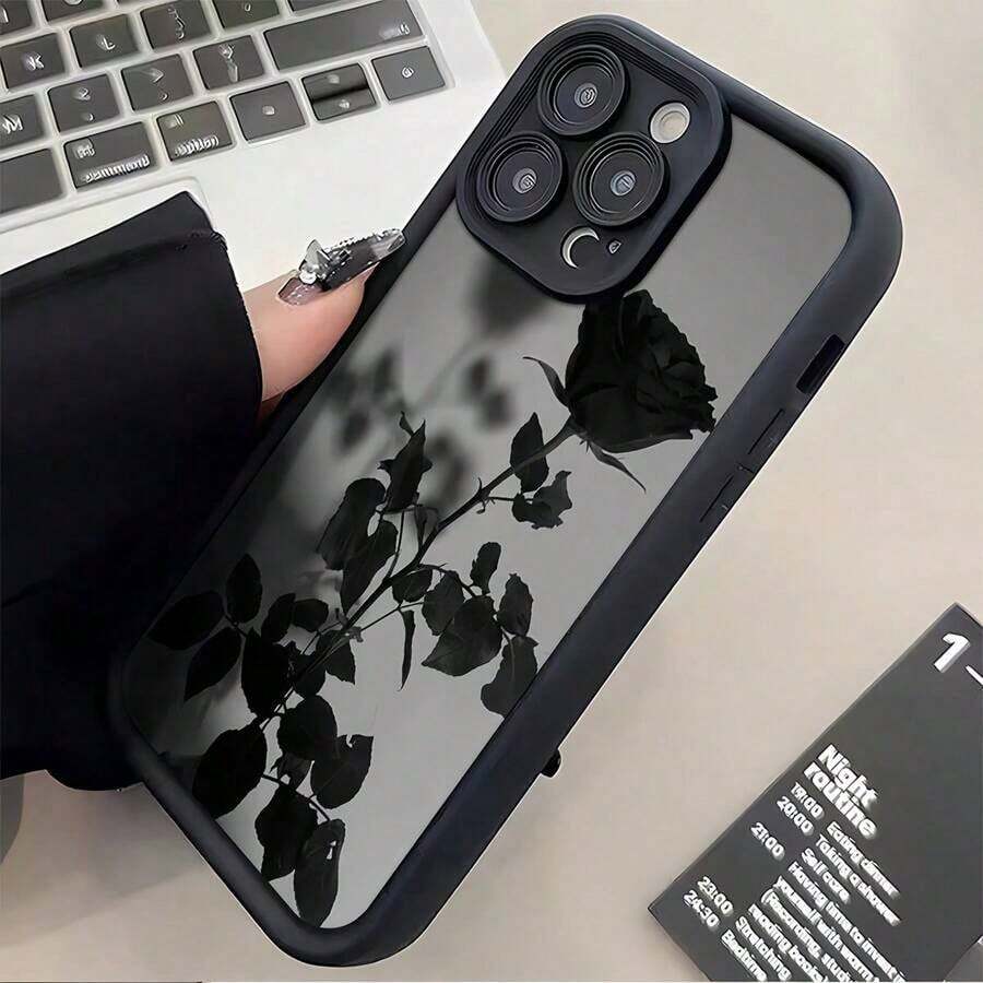 Flower Minimalist Dark Theme Black Rose Pattern Phone Case, Compatible ...