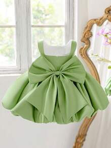 Baby Mädchen einfarbiges ärmelloses Satin Schleife Tüll Elegantes Geburtstags Party Kleid, ohne Haarband