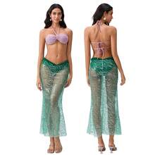 Women Mermaid Outfit, Halterneck Pearled Bra With Sequined Sheer Skirt Halloween Costume 2-Piece Outfit - 藍色 - 查看 6
