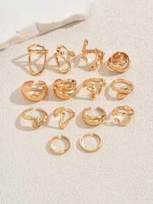 14pcs Irregular Hollow Round Smooth Gold Stackable Rings Set, Versatile Accessory Suitable For Any Occasion, High-End Matching Earrings, Perfect Romantic Gift For Women