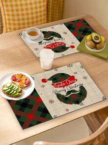 2pcs/4pcs/6pcs/8pcs Christmas Linen Placemat, Green Plaid Santa Claus Head Print Pattern Placemat, 12*18 Inch Heat Resistant And Non-Slip Washable, Suitable For Christmas Holiday Farmhouse Family Gathering And Party Decoration Placemat