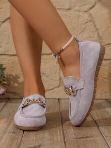 1 Paar Vintage Damen Loafer, Obermaterial aus Wildleder mit bedruckter Ketten-Dekoration, atmungsaktiv und bequeme Slip-On Flache Schuhe, geeignet für Party, Date, Ball, Alltag Lässig, Strand, Innenbereich, Straße, Campus