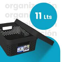 Caja organizadora Paris tapa plástico almacenamiento 11L caja multiusos hogar cocina baño oficina ropa juguetes práctica resistente transparente organizador versátil - Negro - Ver 8