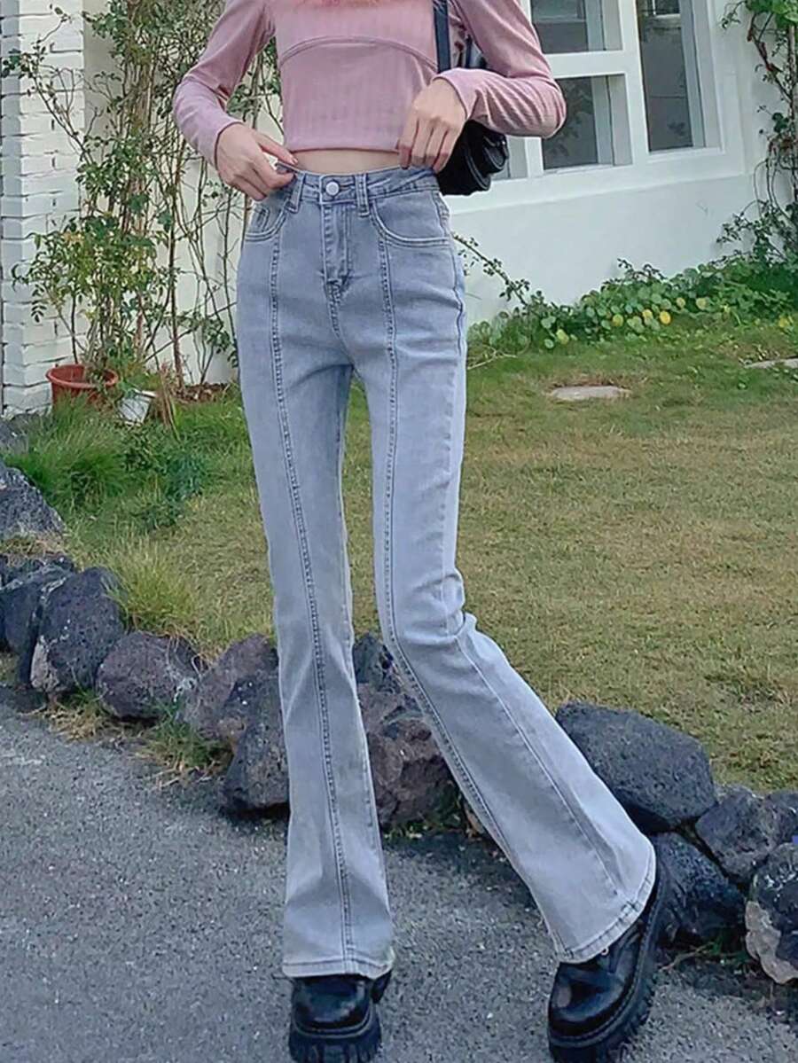 Quần jeans nữ ống loe có túi, kiểu dáng thường ngày, đa năng, thích hợp cho mùa xuân. - Rửa trung bình - Xem 1