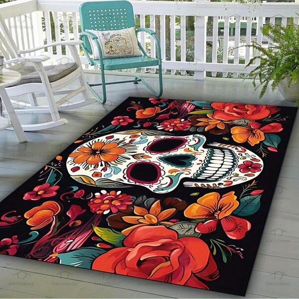Paillasson Jour des Morts Crâne HKStorage - Tapis d'entrée antidérapant et lavable en machine en polyester, convient pour l'intérieur et l'extérieur, décoration de maison et de bureau
