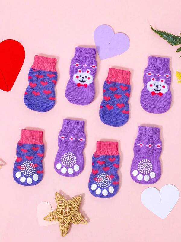4/8pcs Pet Anti-Slip Socks, Randomly Printed With Love And Rabbit Patterns, Cute Socks Designed For Pets