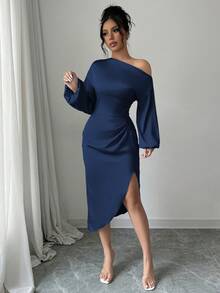 abyoxi 紫蓝色优雅不对称领口长袖腰部手工褶皱性感缎面连衣裙，适合约会、派对、简约、返校、秋冬女士服装